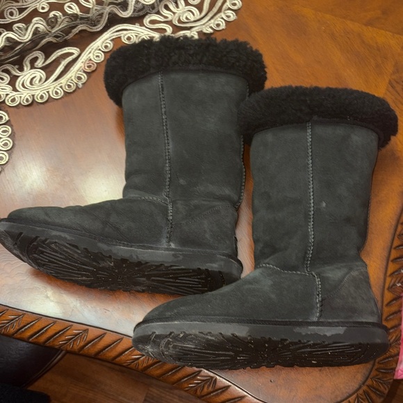 UGG Black Suede Boots with Shearling Trim - Picture 2 of 7